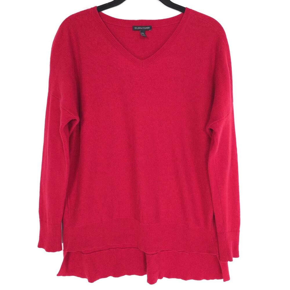 EILEEN FISHER Red Merino‎ Wool Cotton V-Neck Sweater XS Pullover R4MTT